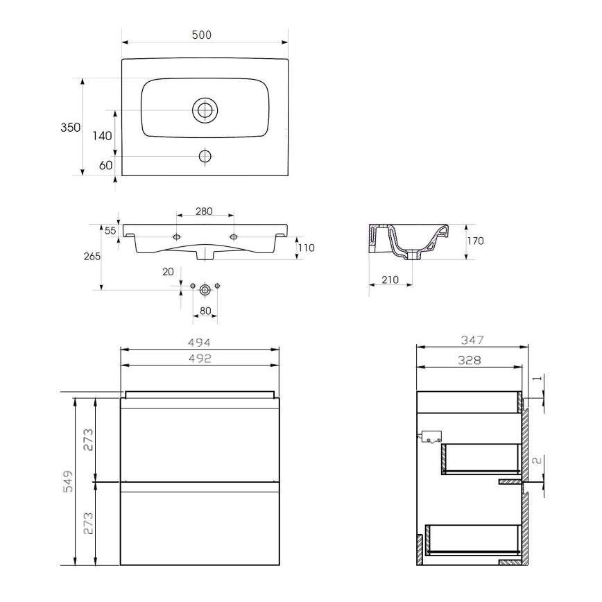 Cersanit S801-229-DSM - Meuble de salle de bains suspendu avec lavabo MODUO SLIM 50x62x35 cm blanc brillant