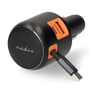 Chargeur de voiture compact à câble rétractable Power Delivery 30 W — 2xUSB-C + 1xUSB-A