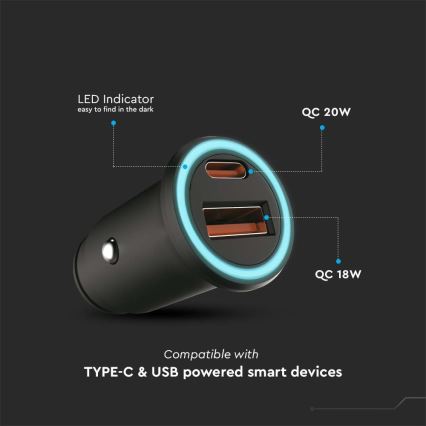 Chargeur de voiture Power Delivery 20W 12-24V/3A USB/C noir