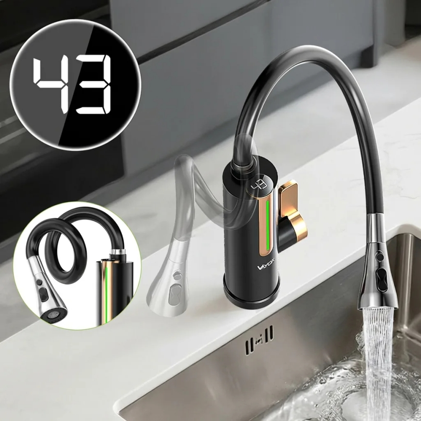 Chauffe-eau instantané avec écran LED 3000W/230V IPX4 noir