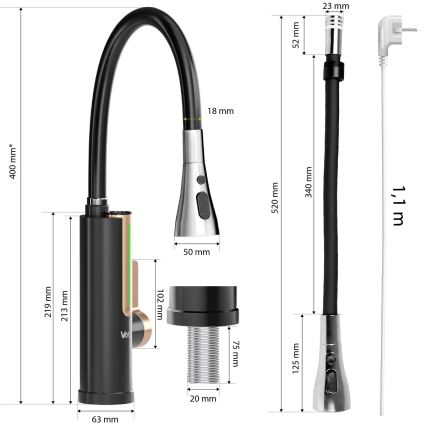 Chauffe-eau instantané avec écran LED 3000W/230V IPX4 noir