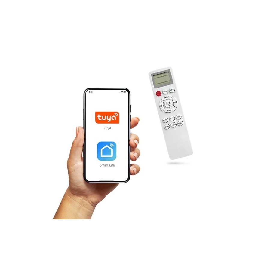 Climatiseur solaire hybride 3,5 kW Tuya Wi‑Fi blanc + télécommande