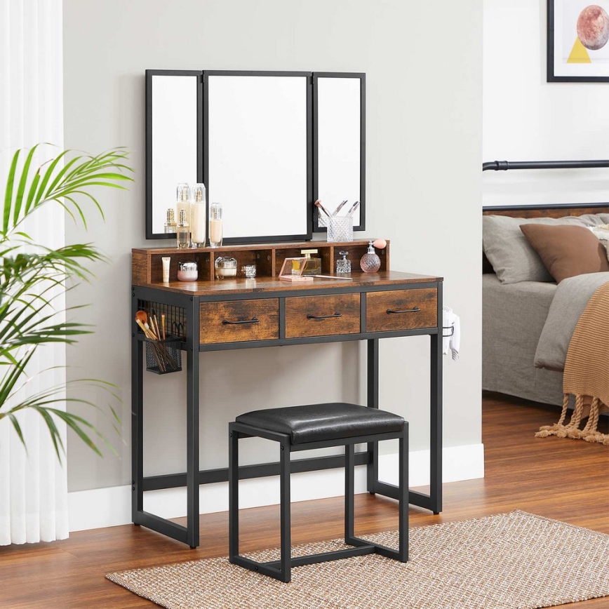 Coiffeuse avec tabouret 28,6x42 cm FLORA marron/noir