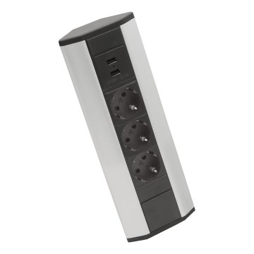 Colonne d'angle à 3 prises 230 V + 2 ports USB-A, noir/argent