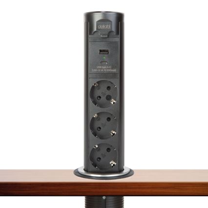 Colonne de prises pour plateau de bureau 3x 230 V + USB-A + USB-C, noir
