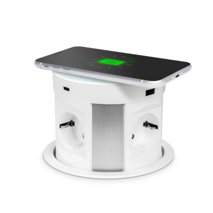 Colonne de prises pour plateau de table avec recharge sans fil 4x230 V + 2x USB-A + 2x USB-C blanche