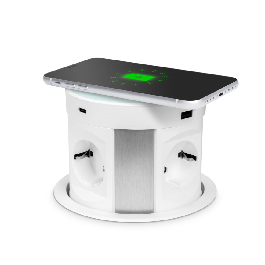 Colonne de prises pour plateau de table avec recharge sans fil 4x230 V + 2x USB-A + 2x USB-C blanche