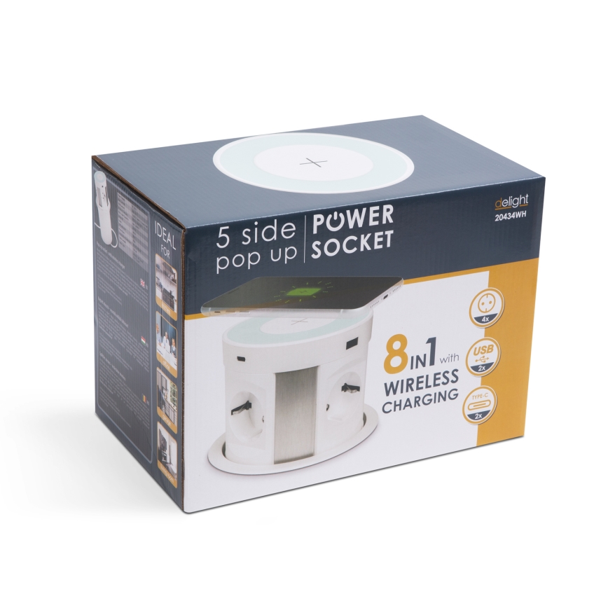 Colonne de prises pour plateau de table avec recharge sans fil 4x230 V + 2x USB-A + 2x USB-C blanche