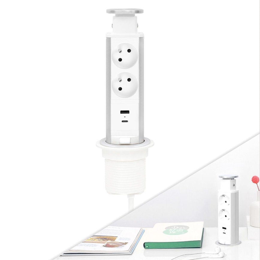 Colonne de prises pour plateau de bureau — 2 prises 230 V + USB-A + USB-C