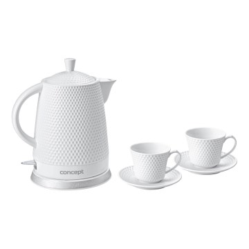 Concept RK0040 - Bouilloire électrique 1,5 l 1500 W/230 V blanche/céramique + 2 tasses avec sous-tasses