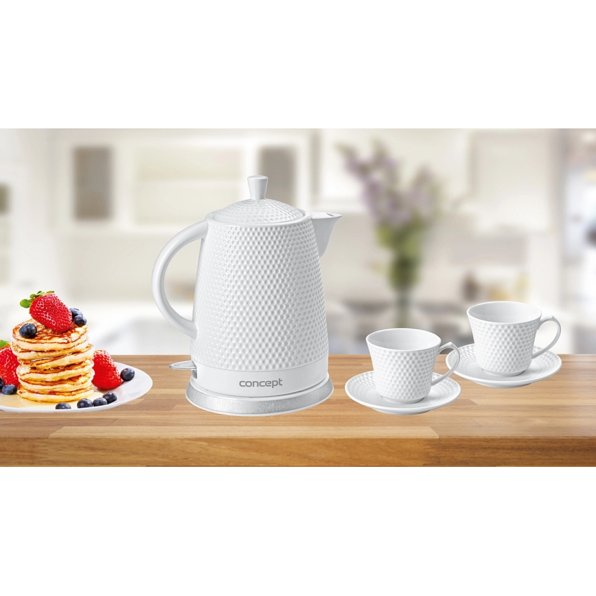 Concept RK0040 - Bouilloire électrique 1,5 l 1500 W/230 V blanche/céramique + 2 tasses avec sous-tasses