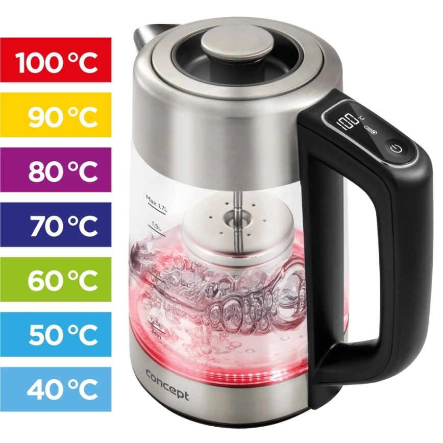 Concept RK4190 - Bouilloire électrique avec réglage de la température et filtre, 1,7 l, 2200 W/230 V, inox