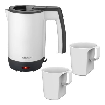 Concept RK7030 - Bouilloire électrique de voyage 0,5 l 1080W/230V gris/blanc + 2 tasses