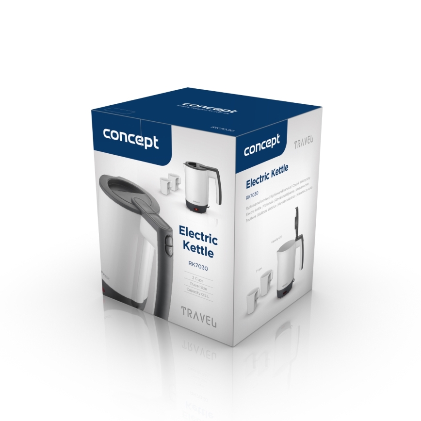 Concept RK7030 - Bouilloire électrique de voyage 0,5 l 1080W/230V gris/blanc + 2 tasses