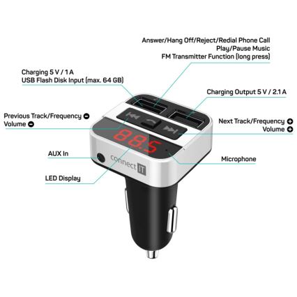 CONNECT IT CCC-8800-SL - Émetteur FM pour voiture avec fonction mains libres noir/argent