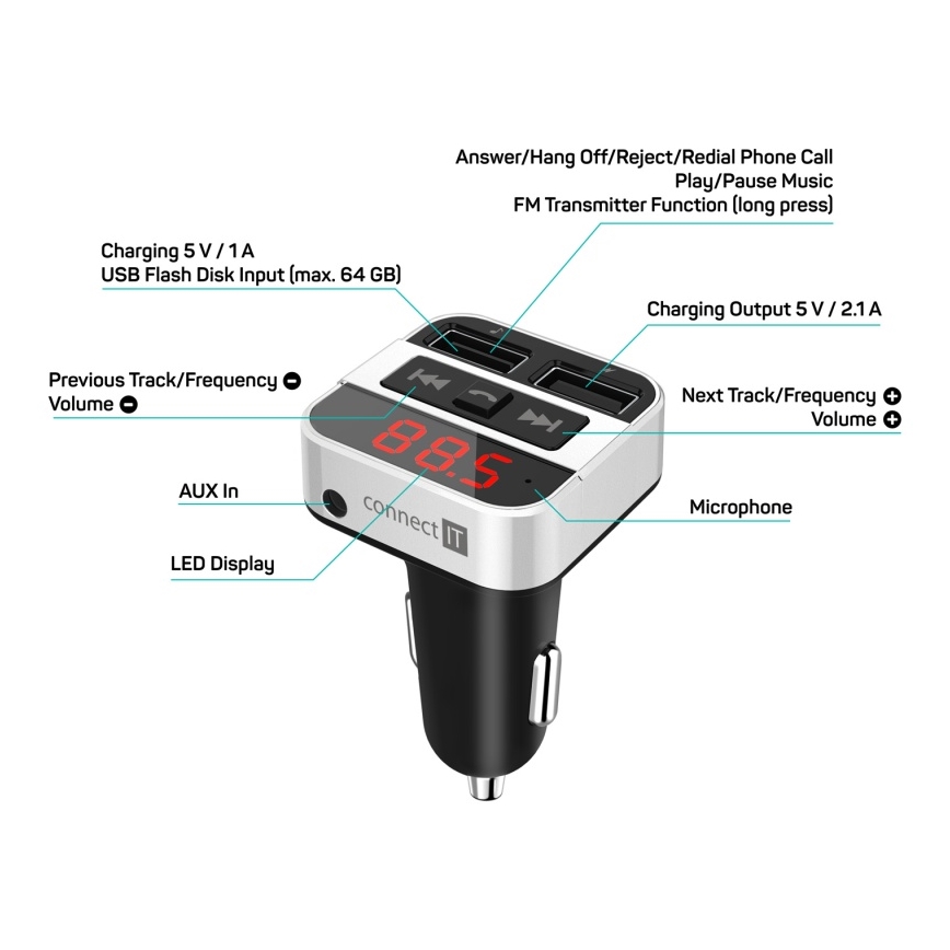 CONNECT IT CCC-8800-SL - Émetteur FM pour voiture avec fonction mains libres noir/argent