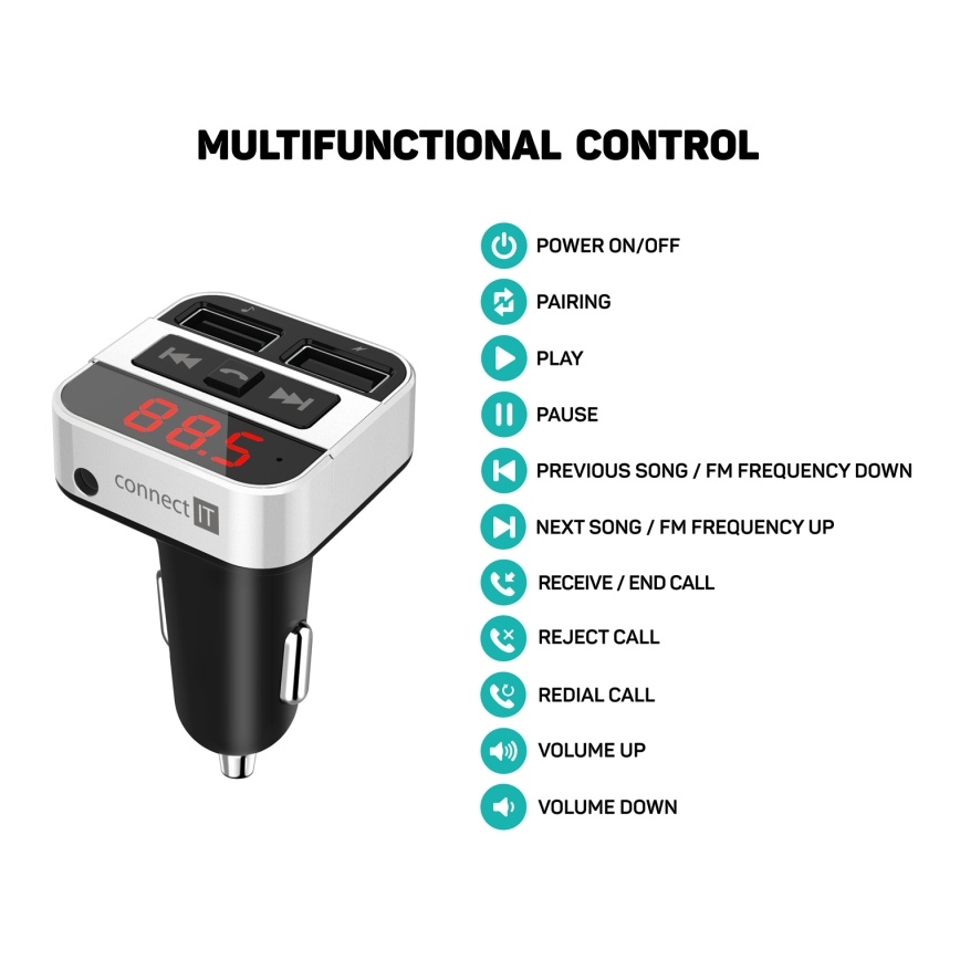 CONNECT IT CCC-8800-SL - Émetteur FM pour voiture avec fonction mains libres noir/argent