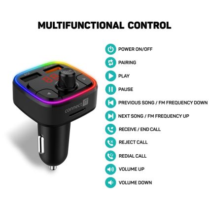 CONNECT IT CCC-9090-BK - LED RGB Émetteur FM pour voiture avec fonction mains libres noir