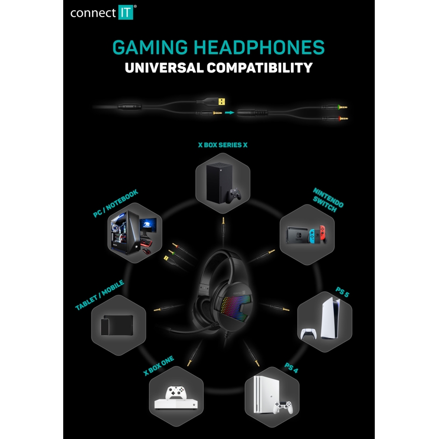 CONNECT IT CHP-3595-BK - Casque gaming filaire LED RGB avec un micro noir