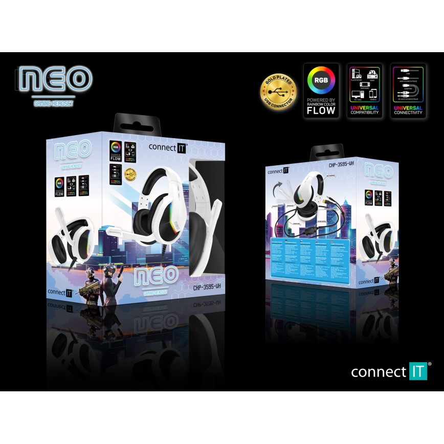 CONNECT IT CHP-3595-WH - Casque gaming filaire LED RGB avec un micro blanc/noir