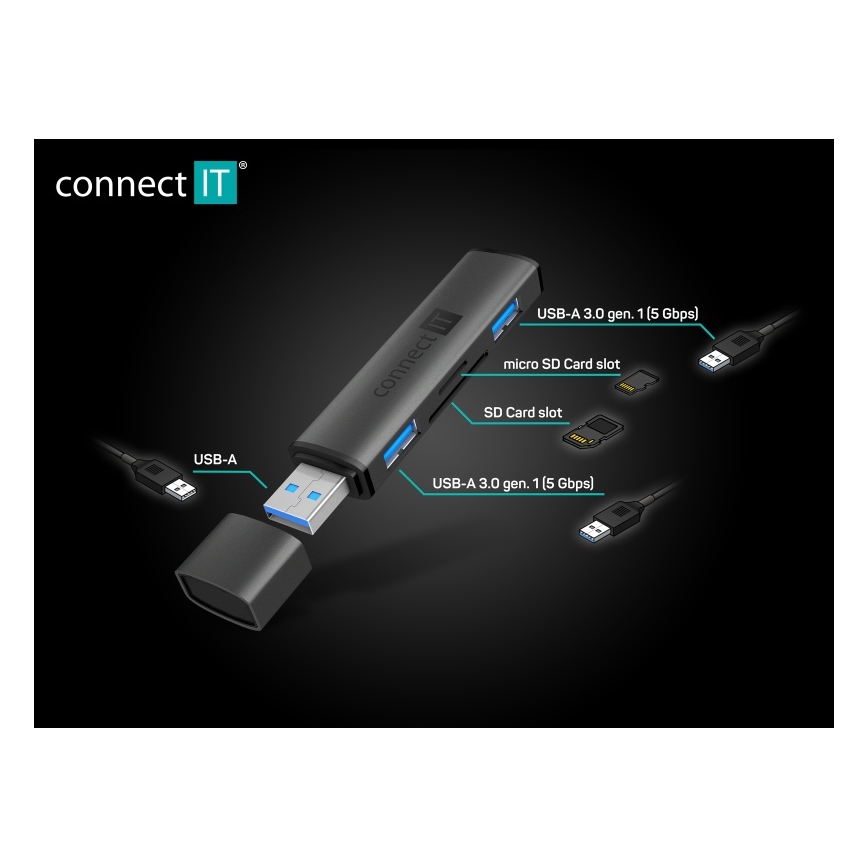 CONNECT IT CHU-4060-AN - Hub USB-A avec lecteur de carte mémoire 4en1