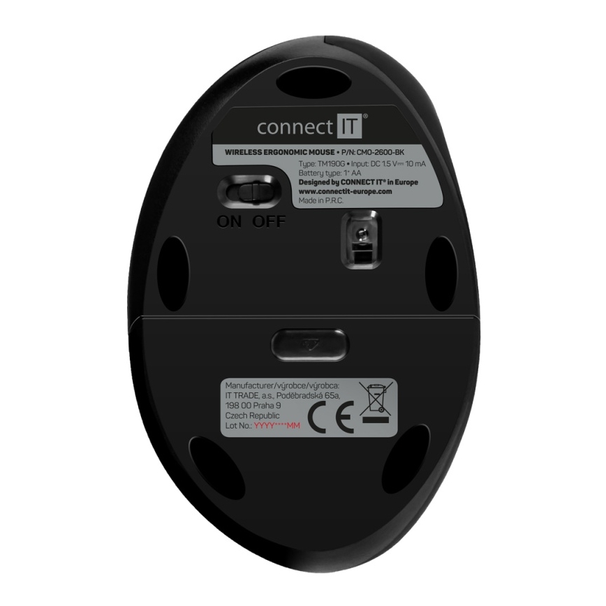 CONNECT IT CMO-2600-BK - Souris sans fil ergonomique 800/1200/1600 DPI, 1 pile AA, noire