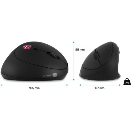 CONNECT IT CMO-2600-BK - Souris sans fil ergonomique 800/1200/1600 DPI, 1 pile AA, noire