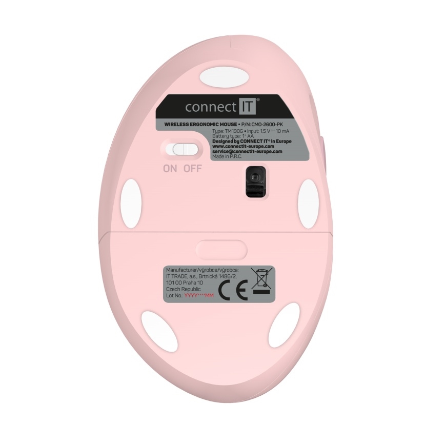 CONNECT IT CMO-2600-PK - Souris sans fil ergonomique 800/1200/1600 DPI, 1 pile AA, rose