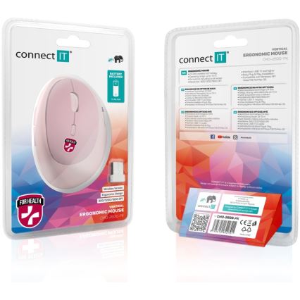 CONNECT IT CMO-2600-PK - Souris sans fil ergonomique 800/1200/1600 DPI, 1 pile AA, rose