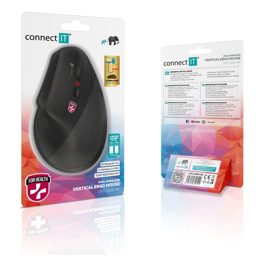 CONNECT IT CMO-2880-BK - Souris sans fil ergonomique Verti TriMode 1000/1600/2400 DPI 2xAAA noire