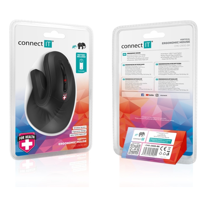 CONNECT IT CMO-2900-BK - Souris sans fil ergonomique 800/1200/1600 DPI 1xAA noir