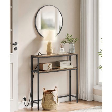 Console avec prises électriques intégrées et ports USB LUVOR 80x20 cm marron/noir