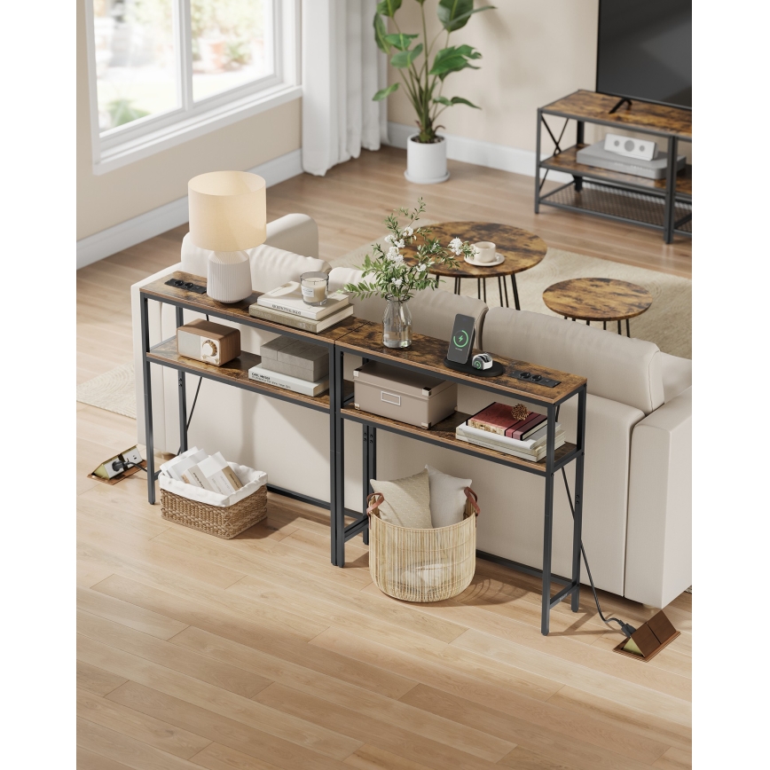 Console avec prises électriques intégrées et ports USB LUVOR 80x20 cm marron/noir