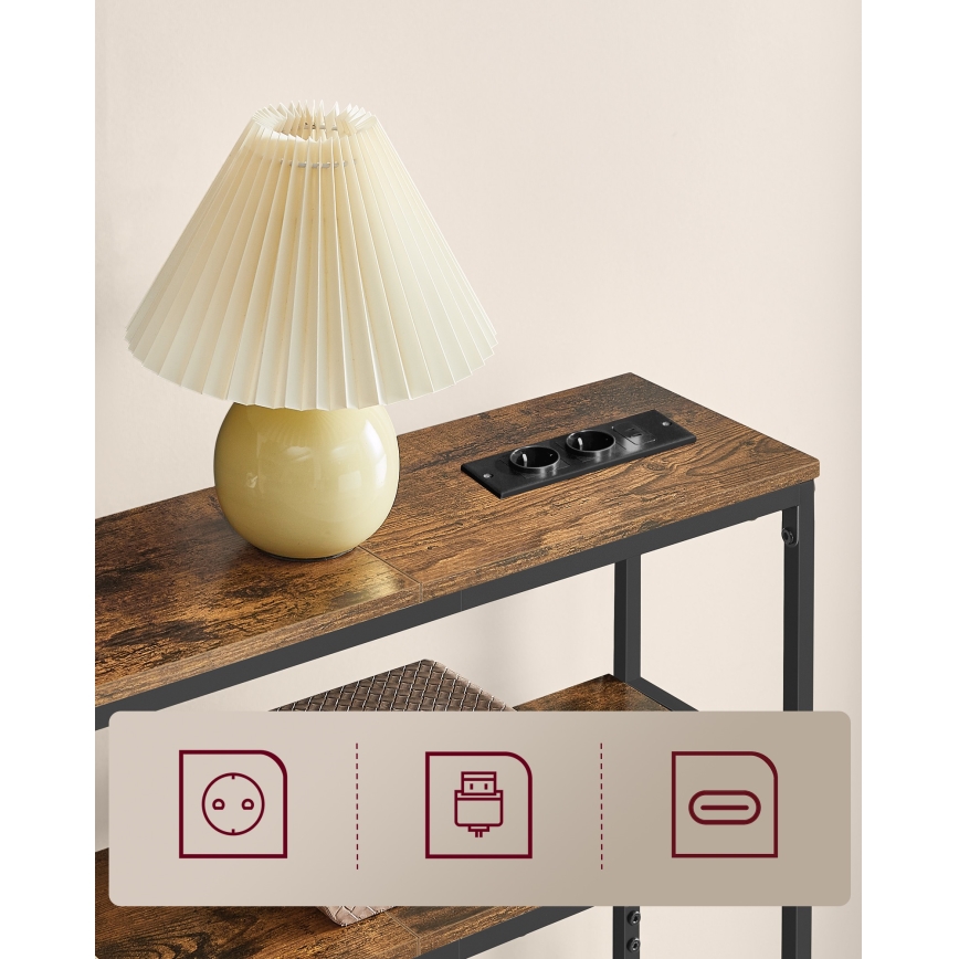 Console avec prises électriques intégrées et ports USB LUVOR 80x20 cm marron/noir