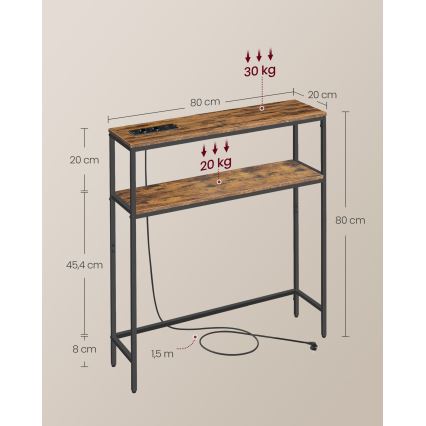 Console avec prises électriques intégrées et ports USB LUVOR 80x20 cm marron/noir