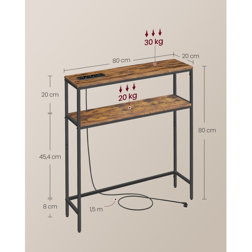 Console avec prises électriques intégrées et ports USB LUVOR 80x20 cm marron/noir