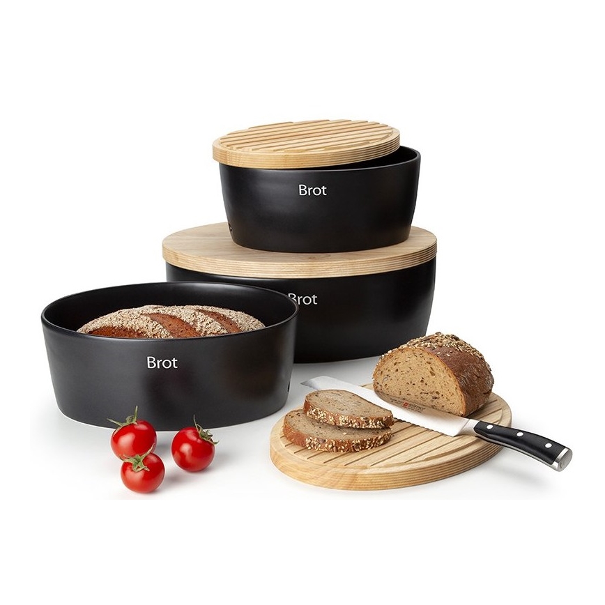 Continenta C3730 - Boîte à pain avec couvercle 30x23 cm noir/bois d'hévéa