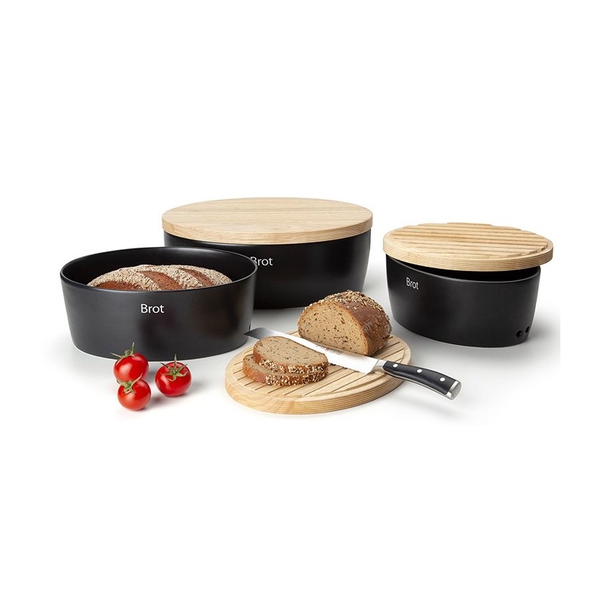Continenta C3730 - Boîte à pain avec couvercle 30x23 cm noir/bois d'hévéa