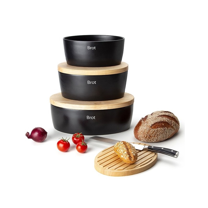 Continenta C3730 - Boîte à pain avec couvercle 30x23 cm noir/bois d'hévéa