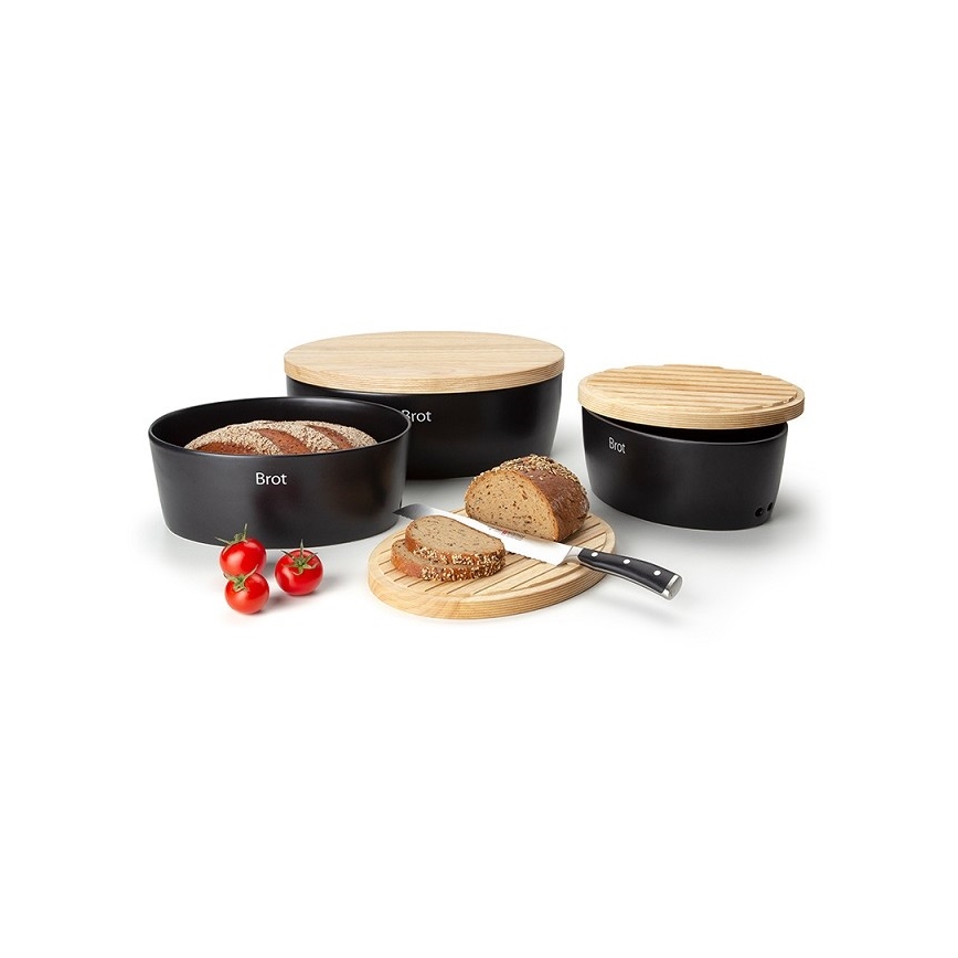 Continenta C3731 - Boîte à pain avec couvercle 27x20 cm noir/bois d'hévéa