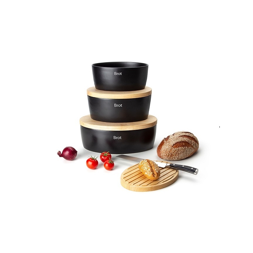 Continenta C3731 - Boîte à pain avec couvercle 27x20 cm noir/bois d'hévéa