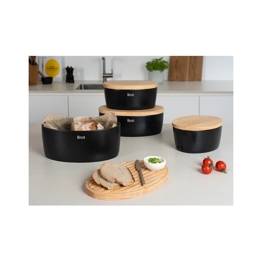 Continenta C3736 - Boîte à pain avec couvercle 36x23 cm noir/bois d'hévéa