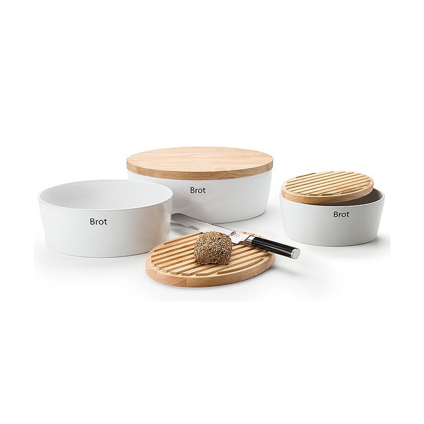 Continenta C3930 - Boîte à pain avec couvercle 30x23 cm blanc/bois d'hévéa