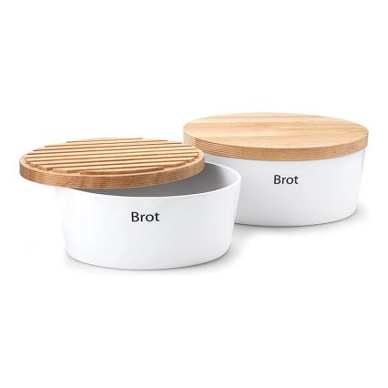 Continenta C3931 - Boîte à pain avec couvercle 27 x 20 cm blanc/bois d'hévéa