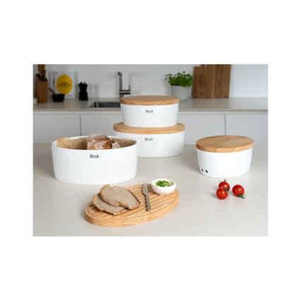 Continenta C3936 - Boîte à pain avec couvercle 36 x 23 cm blanche/bois d'hévéa
