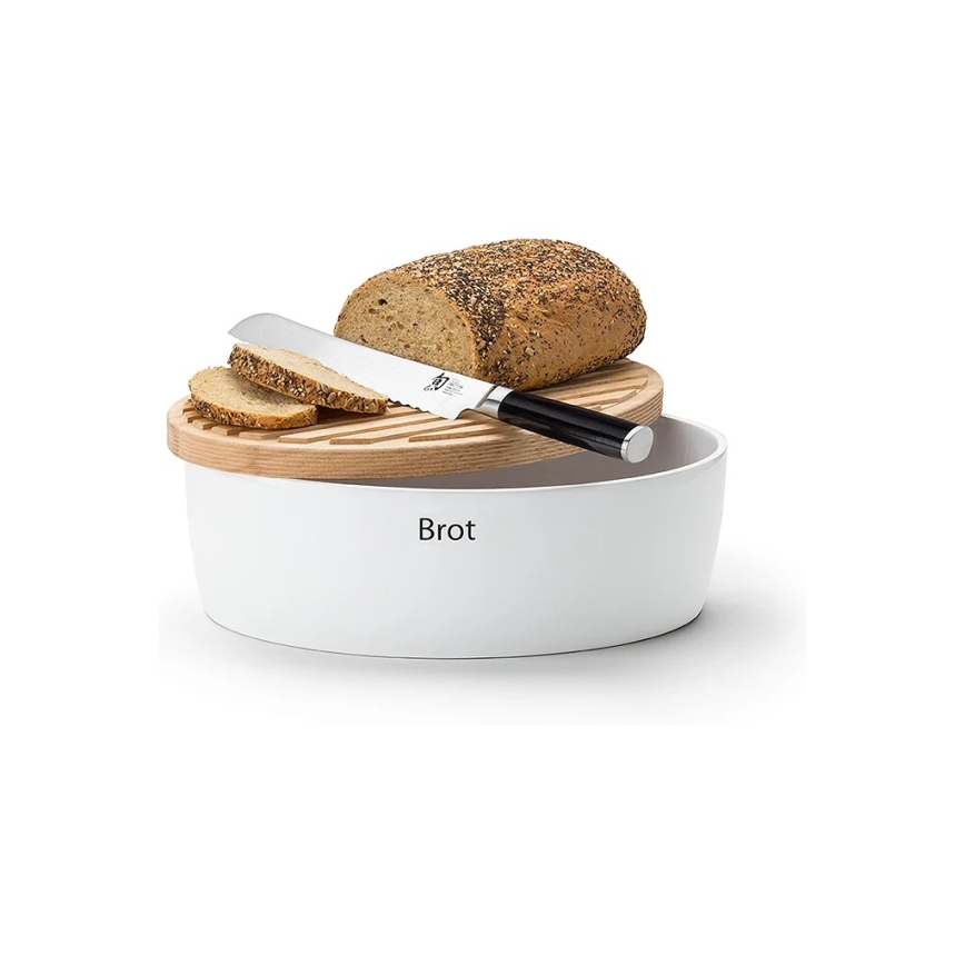 Continenta C3936 - Boîte à pain avec couvercle 36 x 23 cm blanche/bois d'hévéa