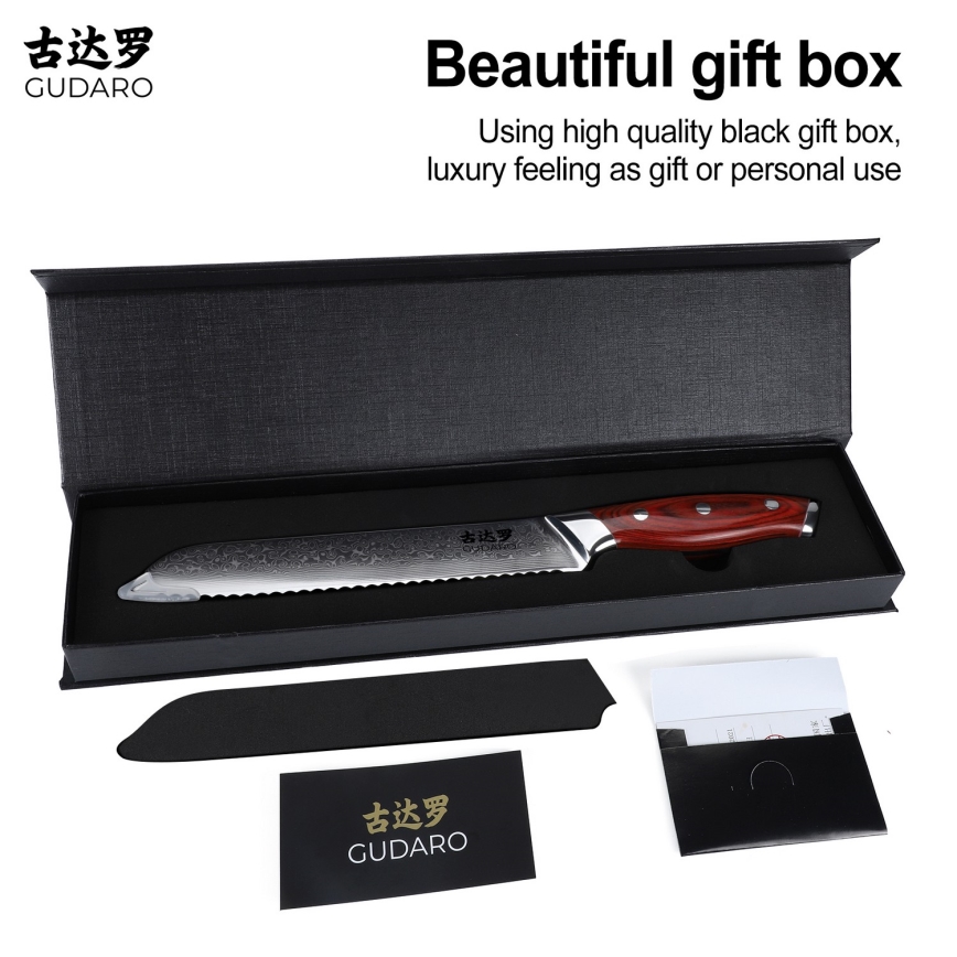 Gudaro - Couteau à pain de cuisine damassé KENSHO 8, 67 couches d'acier, longueur 20 cm