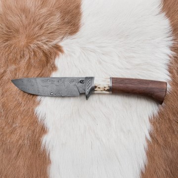 Couteau de chasse en acier de Damas 11,8 cm noyer/bois de cerf