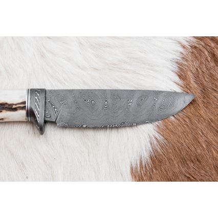 Couteau de chasse en acier de Damas 11,8 cm noyer/bois de cerf