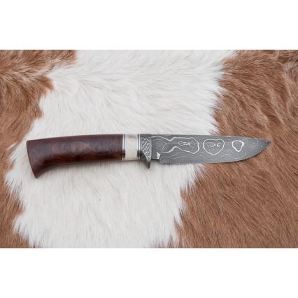 Couteau de chasse en acier de Damas 12,4 cm Bouleau/bois de renne